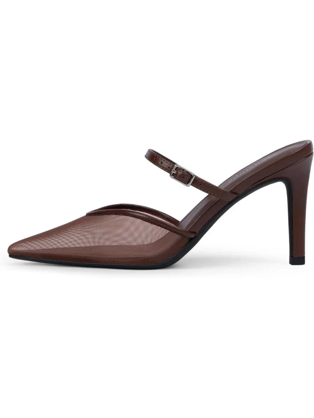 Women's Mesh Chocolate Pointed Toe Ankle Strap Stiletto Heel Party Mules Sandals